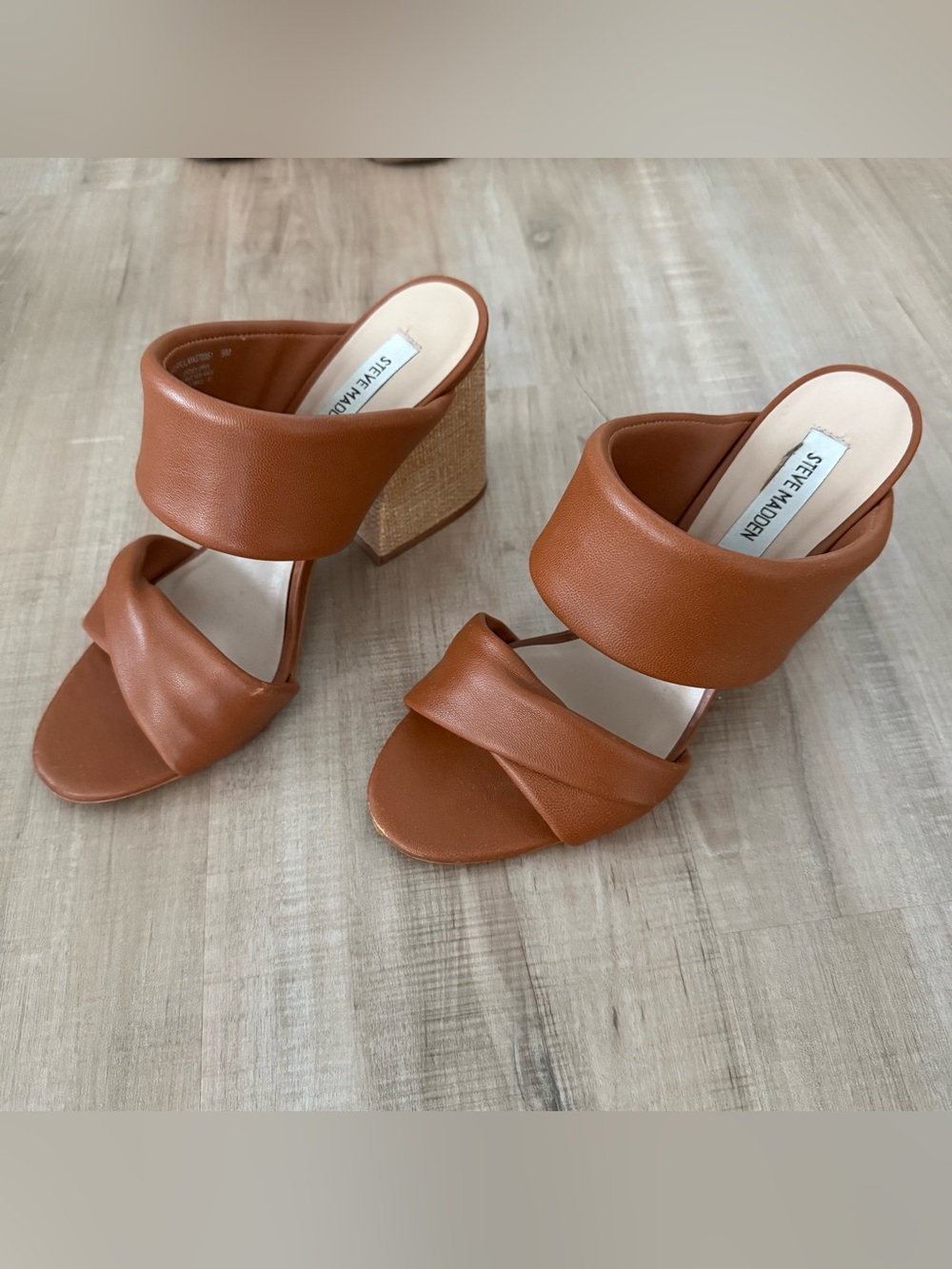 Steve Madden Cognac Brown Leather Double-Band Block Heel Mules, Size 9